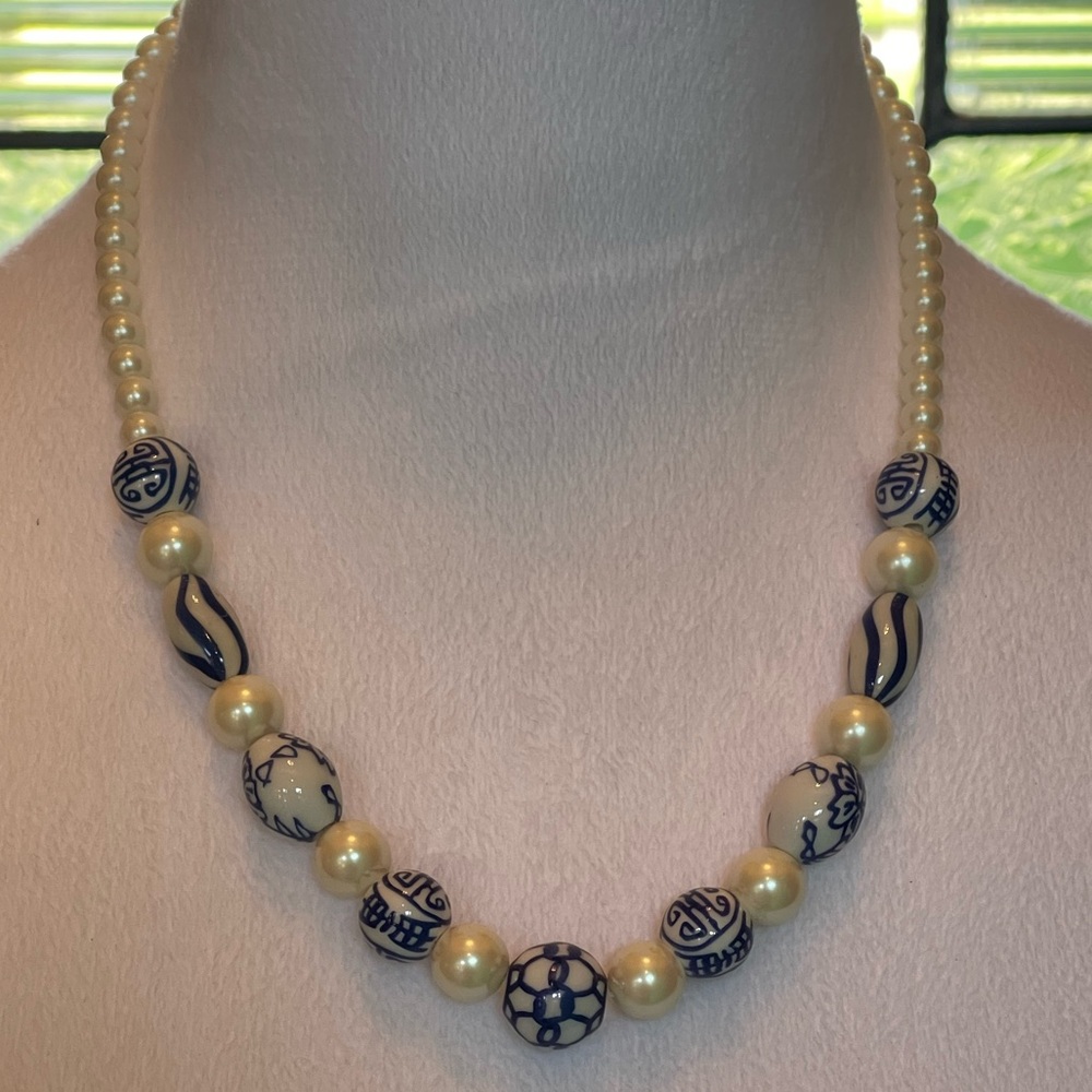 Ann Taylor Blue and Cream Beaded Statement Necklace